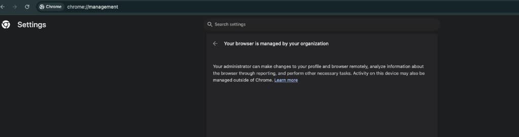 Chrome settings page showing 'Your browser is managed by your organization'