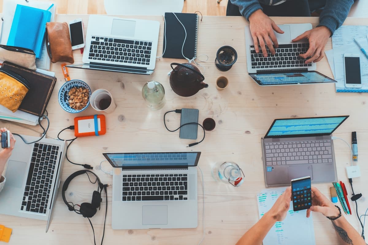 Business team collaborating with technology in a modern office
